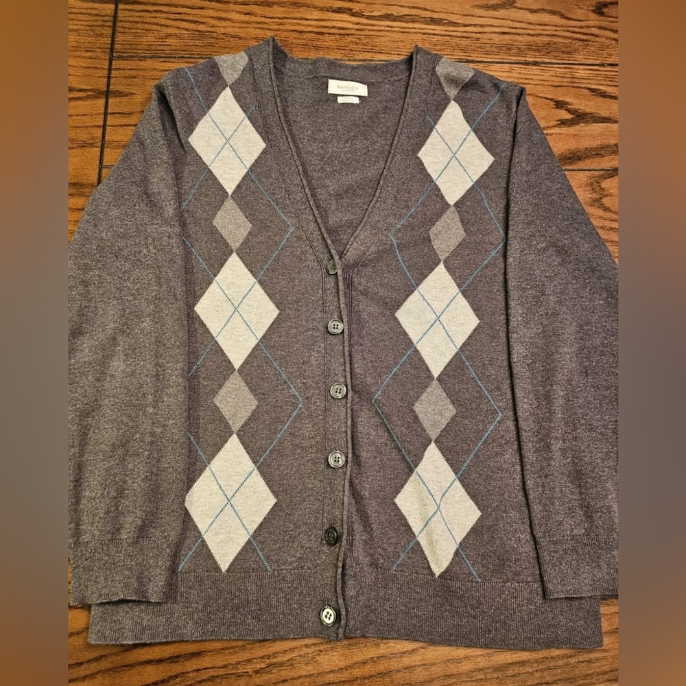 Van Heusen Charcoal Gray Argyle Button Down Cardigan Sweater Sz L Like New!
